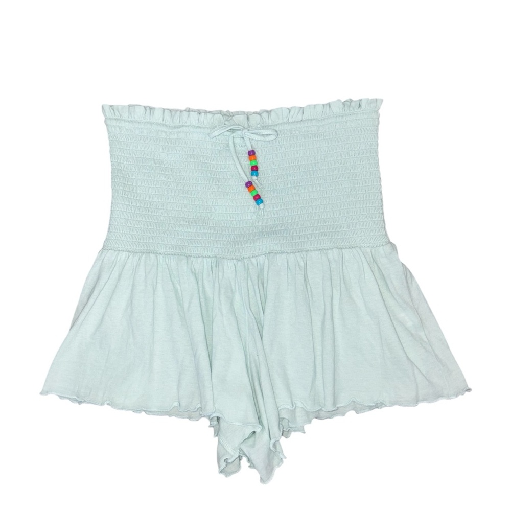 Pastel Teal Smocked Lettuce-Edge Cotton Mini Shorts NWT